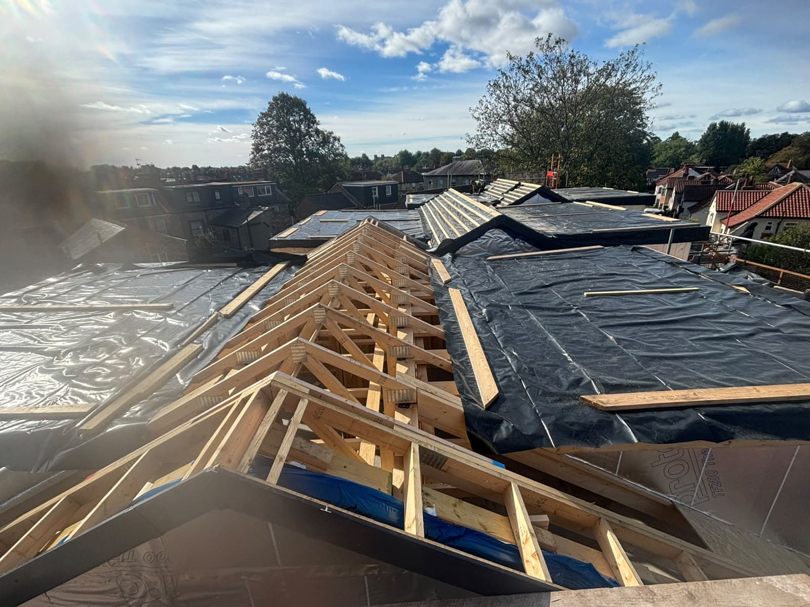 Exposed timber roof trusses and adjoining roof sections