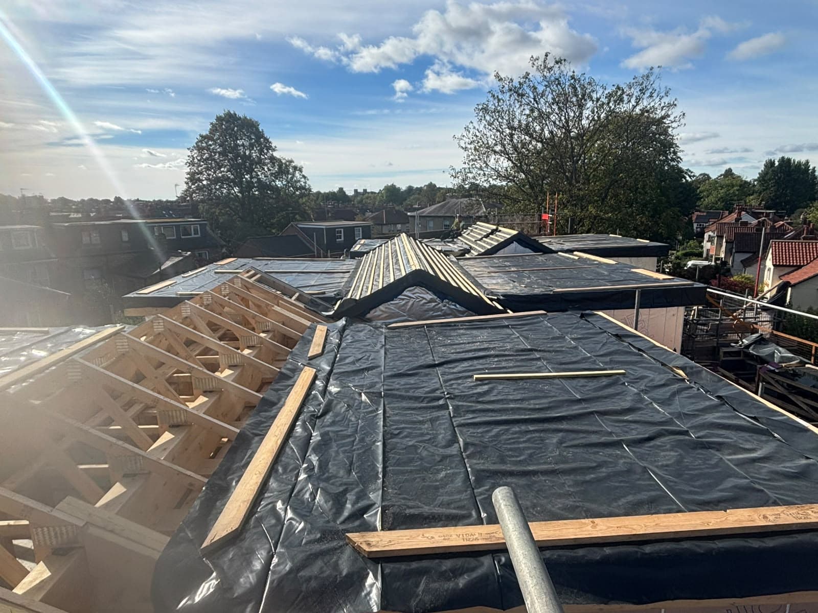 Overview of roof timbers and protective membrane